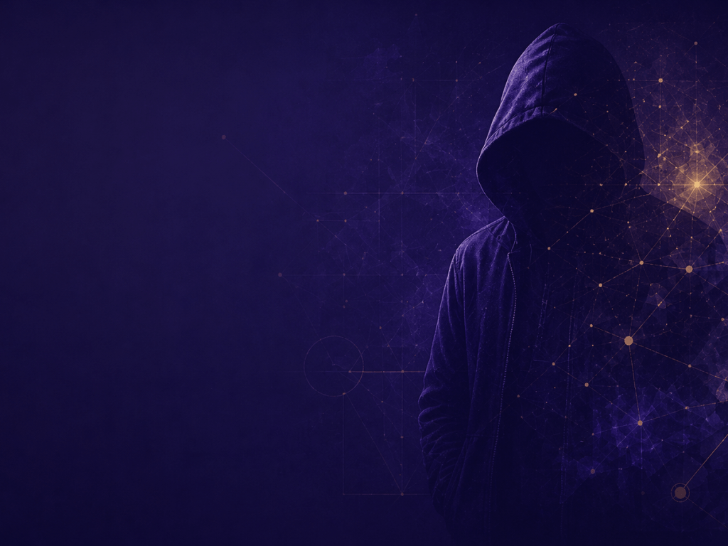 Figura encapuchada en penumbra junto a una red de nodos de luz dorada sobre fondo violeta, concepto de perfilación criminal — Manual Criminal Profiling, IDEF Internacional
