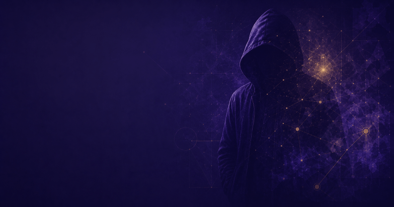 Figura encapuchada en penumbra junto a una red de nodos de luz dorada sobre fondo violeta, concepto de perfilación criminal — Manual Criminal Profiling, IDEF Internacional