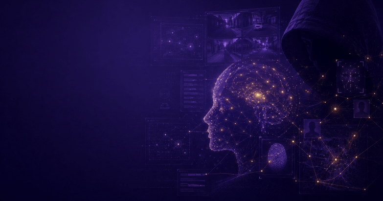 Perfil humano formado por una red de nodos de luz dorada junto a pantallas de vigilancia, huella dactilar y datos sobre fondo violeta, concepto de análisis forense por software — MAPI-Criminal Software, IDEF Internacional