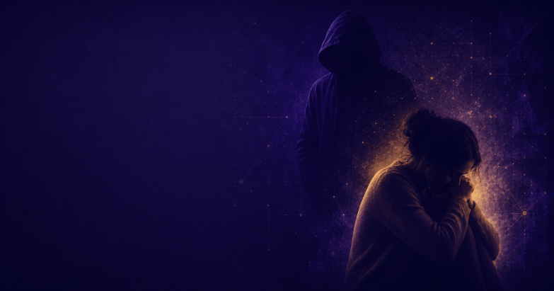 Silueta encapuchada en penumbra tras una persona vulnerable abrazándose, con luz cálida y red de nodos sobre fondo violeta, concepto de violencia en el entorno cercano — Agresor de Proximidad, IDEF Internacional