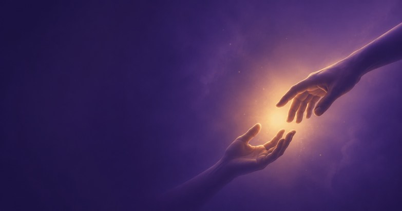 Dos manos extendiéndose una hacia la otra con una luz cálida entre ellas sobre fondo violeta, símbolo de apoyo y esperanza — Manual Integral de Suicidiología, IDEF Internacional