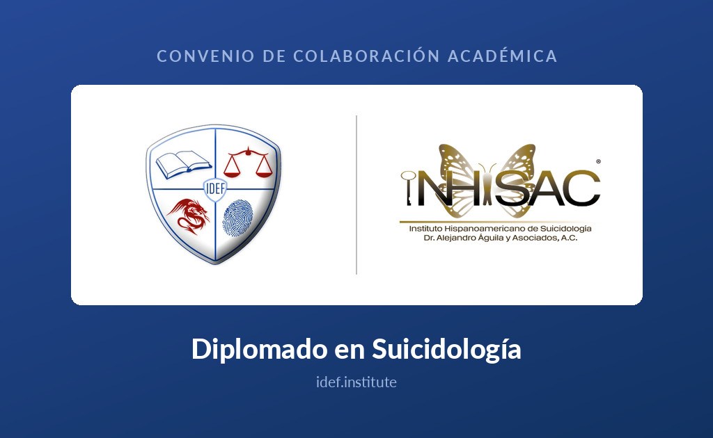 Escudo del IDEF y logotipo del INHISAC sobre fondo azul, con las leyendas Convenio de colaboración académica y Diplomado en Suicidología